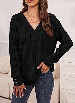 Dokotoo Long Sleeve Shirts for Women V Neck Cute Soft Solid